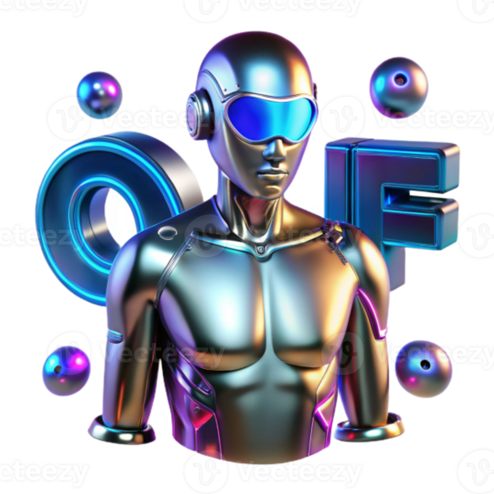 Futuristic Robot Illustration, Chrome Android, Sci-Fi Theme, 3D Render, Abstract Background, Neon Lights, Digital Art, Metallic Texture png