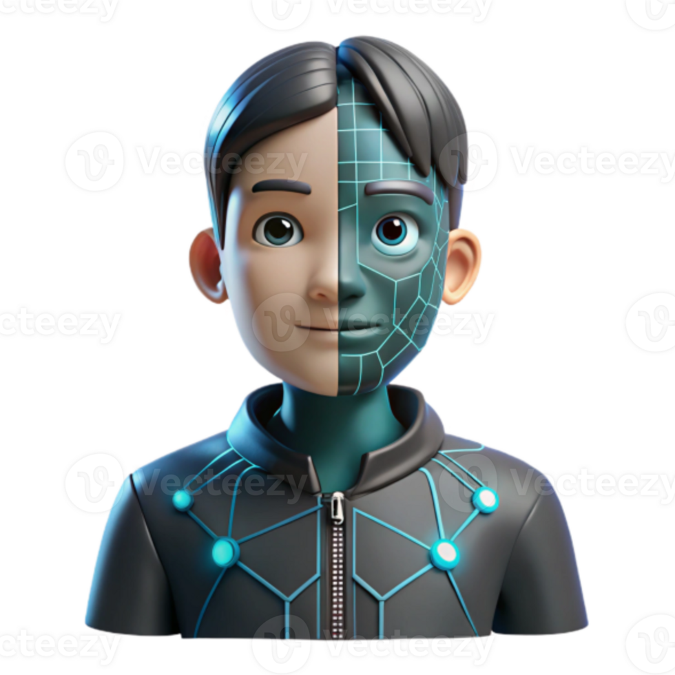 3D Render Boy with Half Human Half Cybernetic Face Futuristic Illustration png