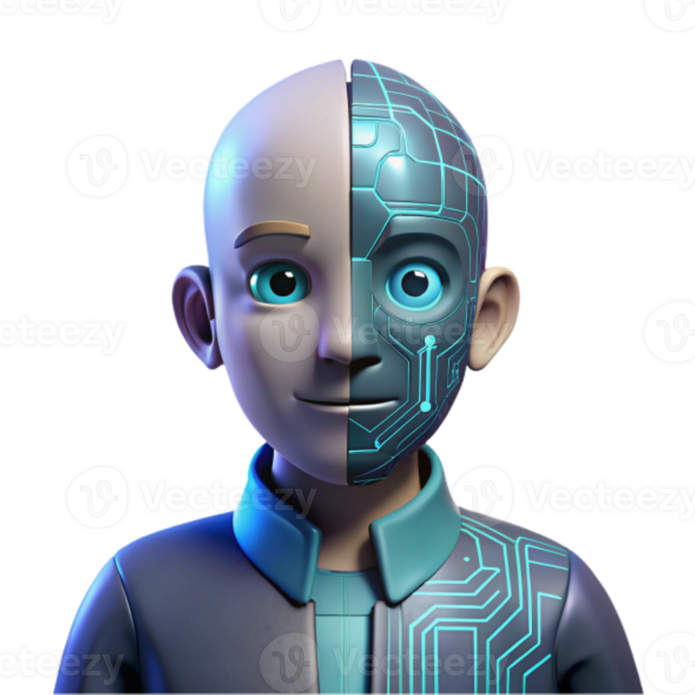 3D Render of Boy with Half Human Half Robot Face Futuristic Child Cyborg Technology Illustration png