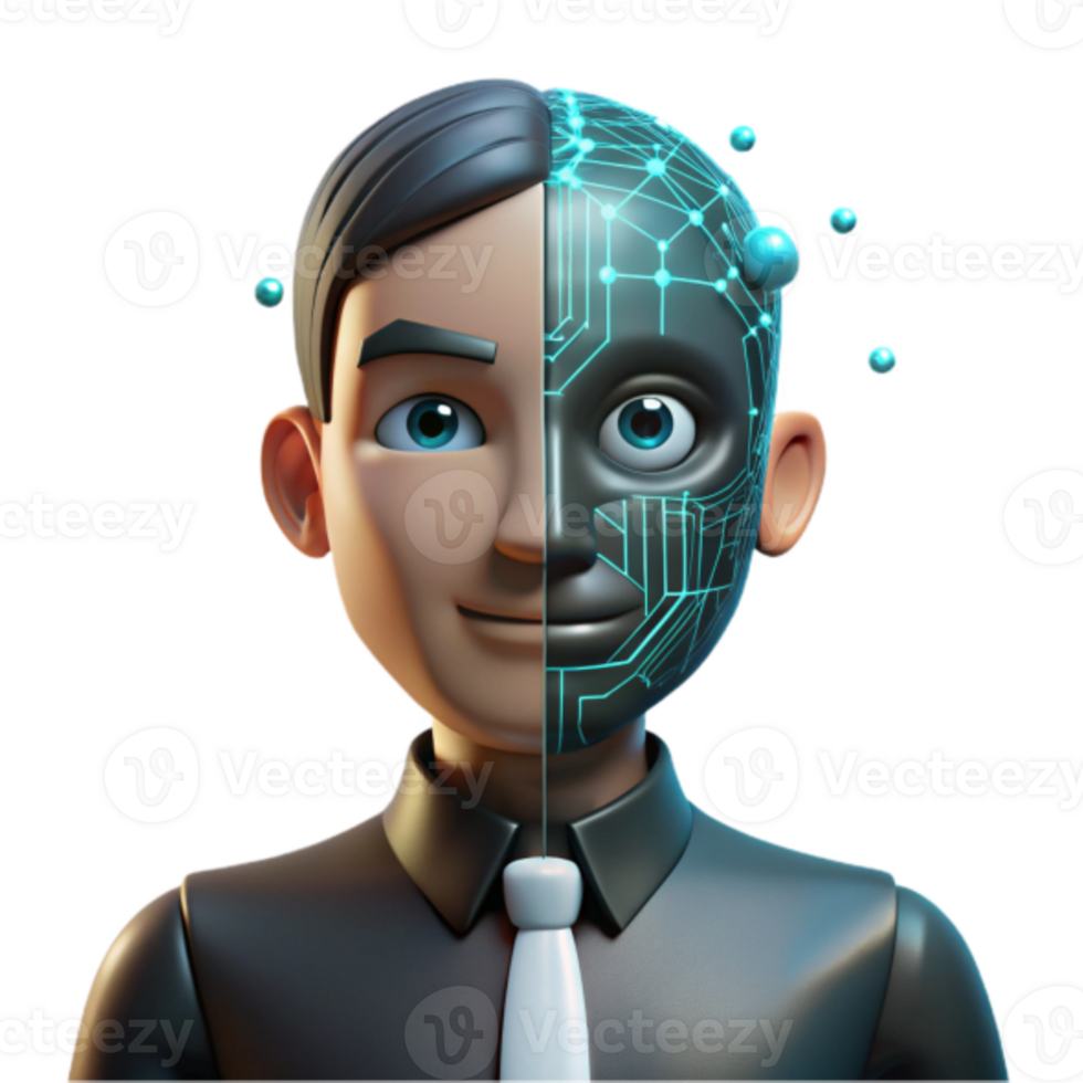 3D Illustration of a Businessman with a Cyborg Half-Face Human and Artificial Intelligence Synergy png