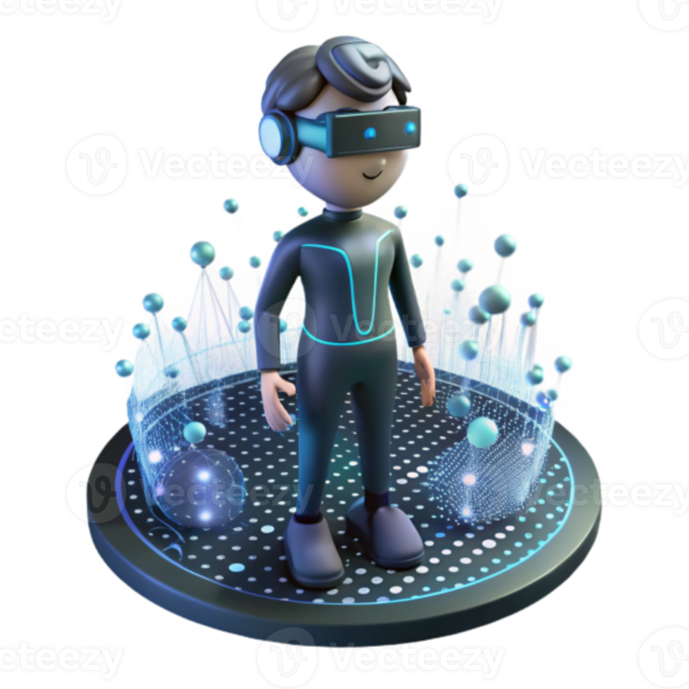 3D Render of Cartoon Avatar in Virtual Reality Headset Exploring Digital World png
