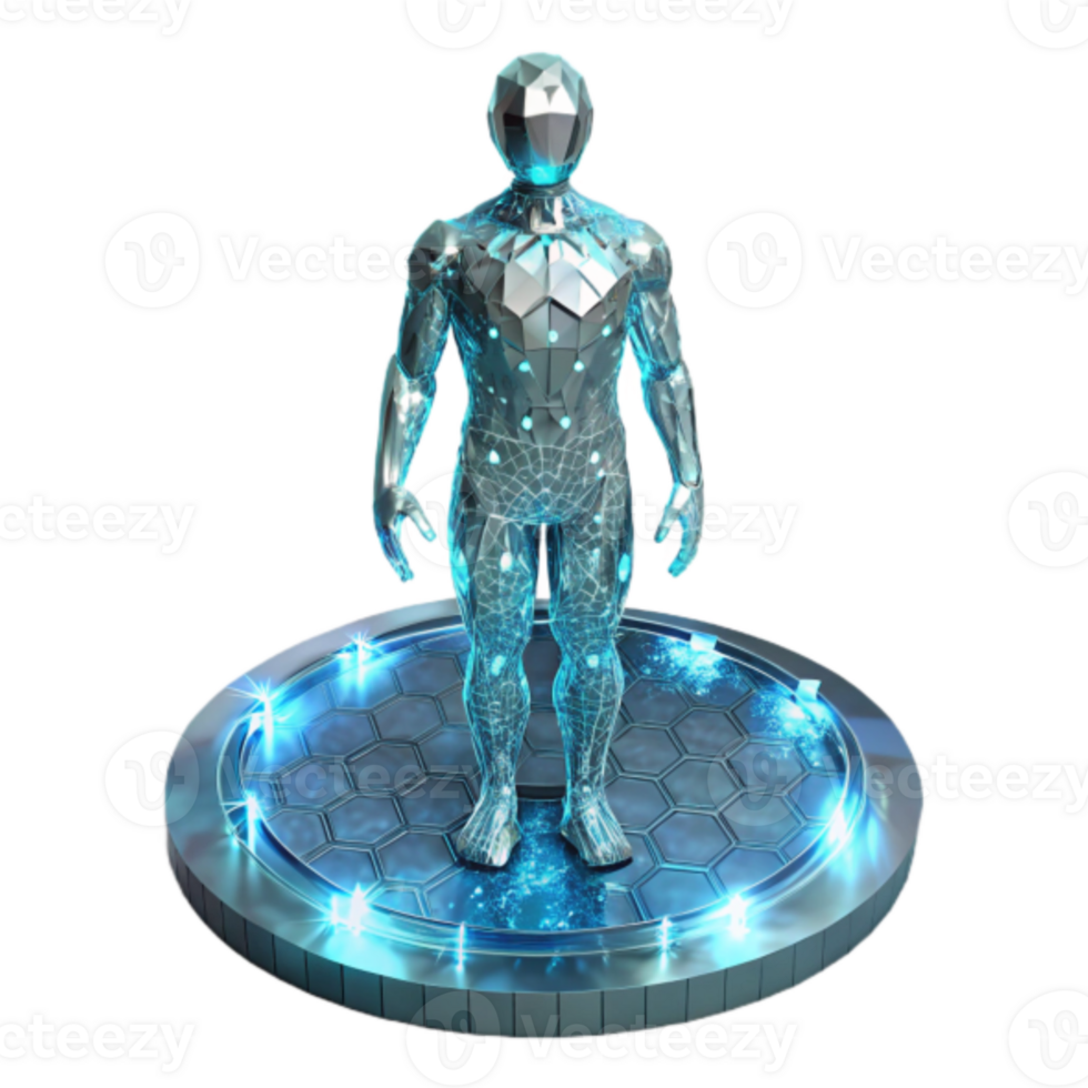 Futuristic 3D Render of a Crystalline Humanoid Robot on a Sci-Fi Platform png