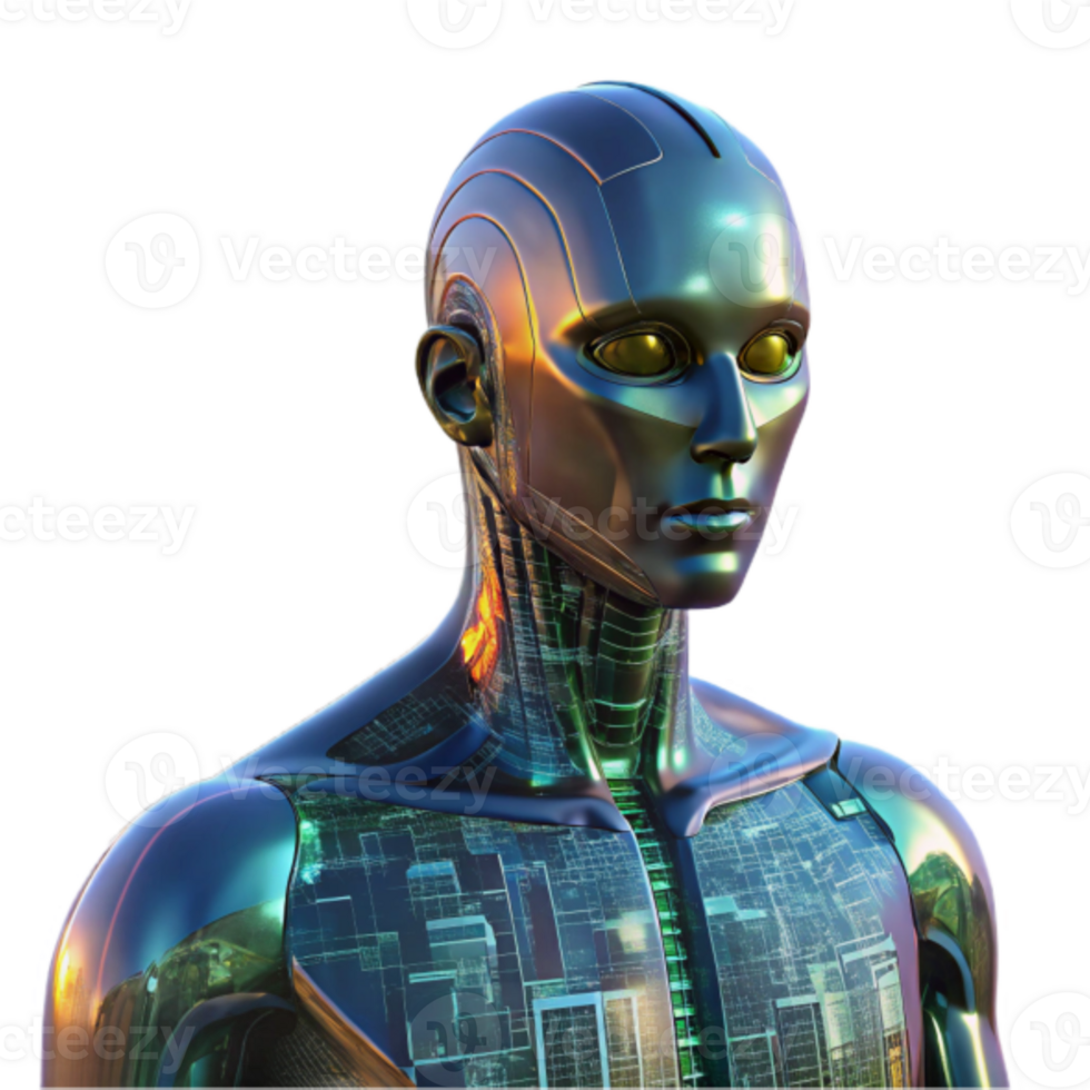 Futuristic Robot Illustration Advanced AI, Metallic Body, Green Circuitry, Digital Technology, Artificial Intelligence, Humanoid, Cybernetic, Science Fiction, 3D Render, Technological Innovation png