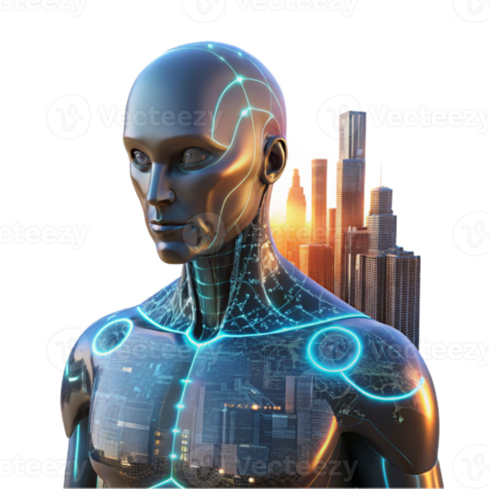 Futuristic Robot Cityscape 3D Illustration Advanced AI in Urban Environments png