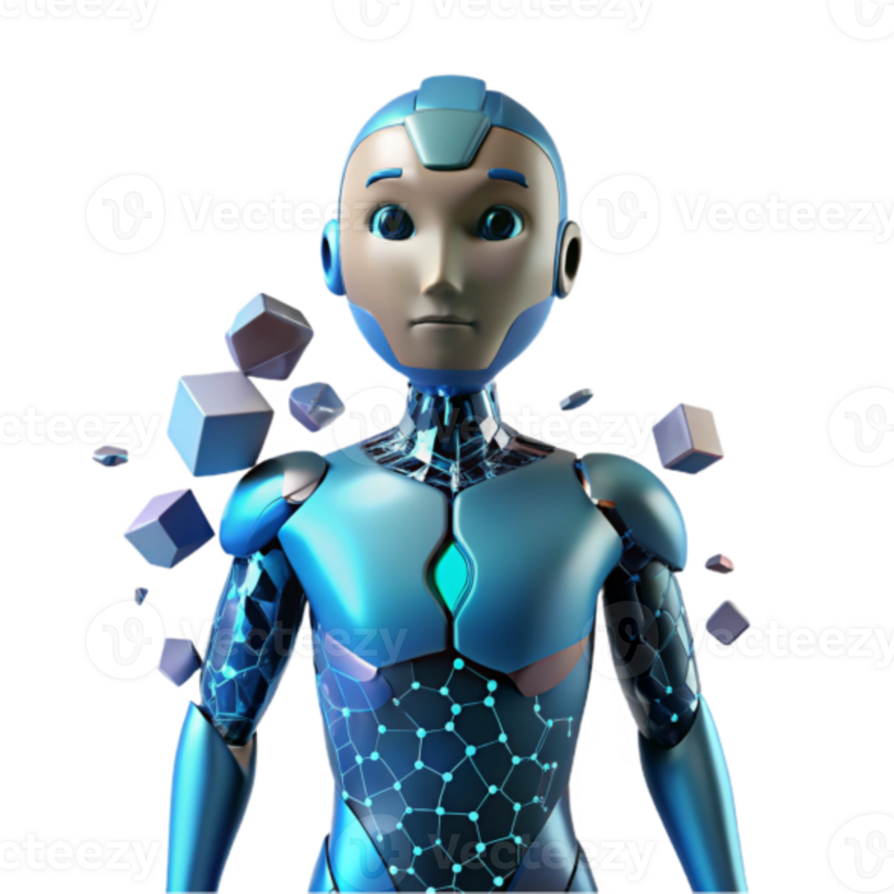 3D Render of a Futuristic Child Robot with Data Cubes png