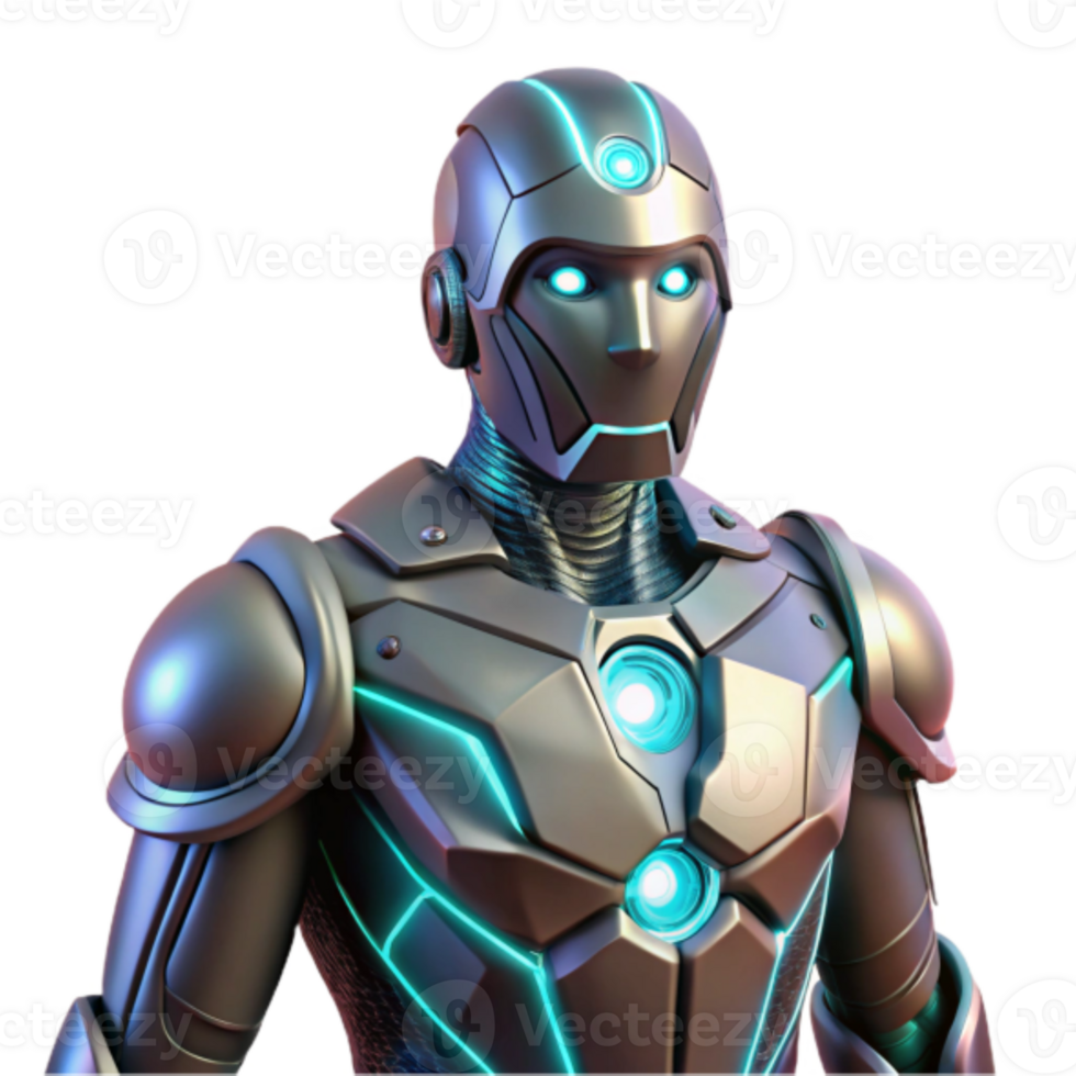 Futuristic Robot 3D Render Advanced Robotic Design, Metallic Armor, Glowing Lights, Sci-Fi Character, Cyberpunk Aesthetics, Digital Art png