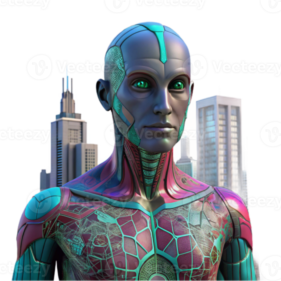 Futuristic Cyborg Illustration Against Cityscape Background png