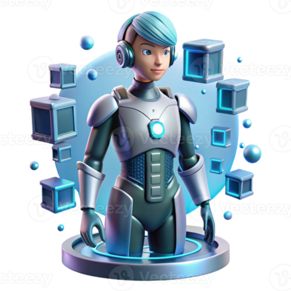 3D Render of Futuristic Female Robot with Data Cubes Illustration png