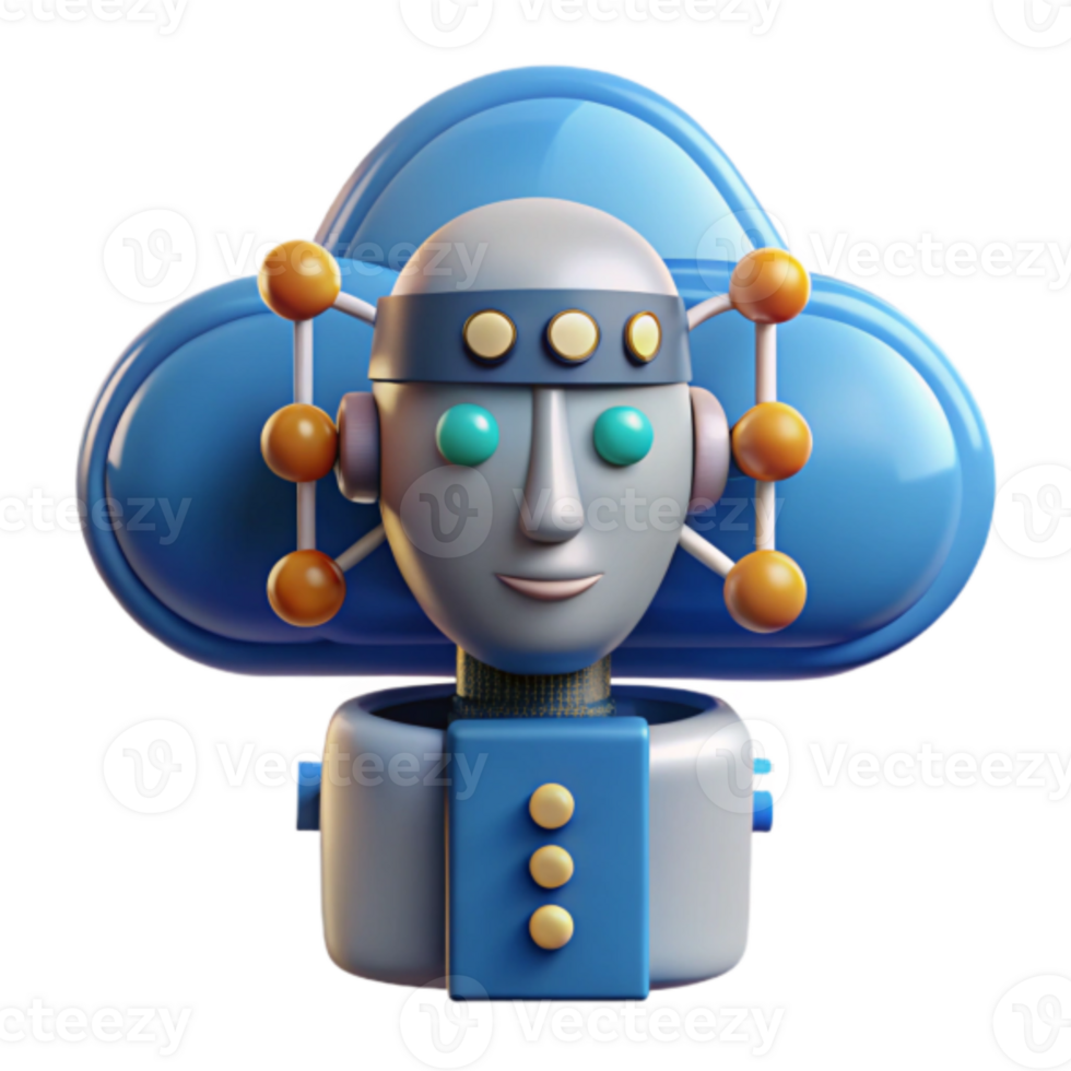 3D Render of a Cute Robot Head with Cloud Computing Concept png