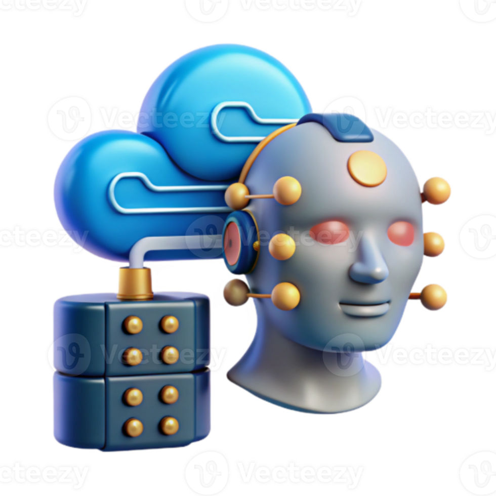 3D Render of a Robot Head with Cloud Computing and Dice Illustration png