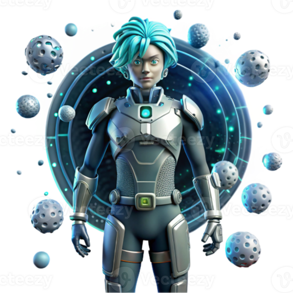 Futuristic Cyborg Illustration A Young Space Explorer in Advanced Armor Amidst Glowing Orbs png