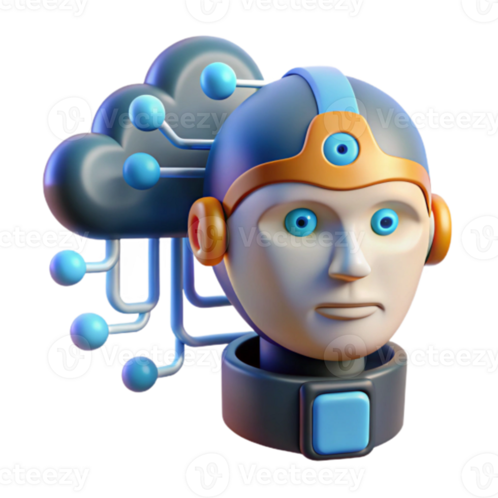 3D Illustration of a Robot Head Connected to a Cloud Network png