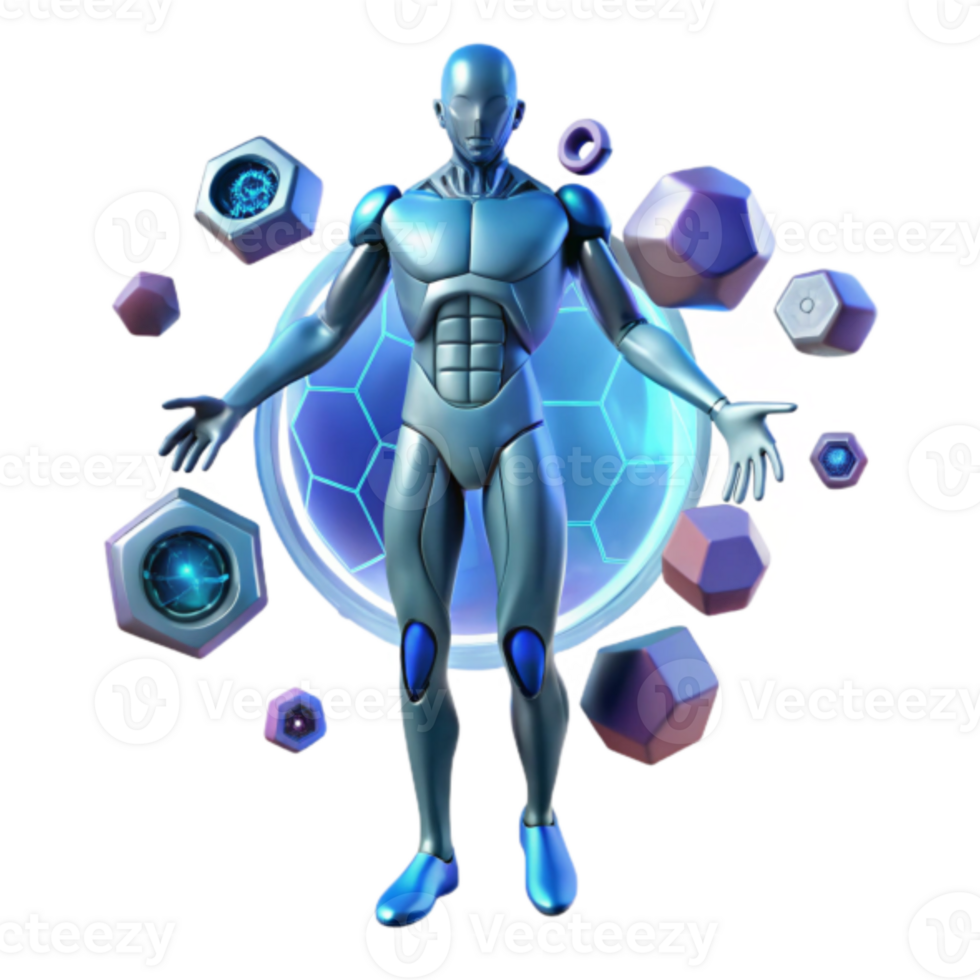 Futuristic 3D Render of a Metallic Humanoid Figure Surrounded by Geometric Crystals png