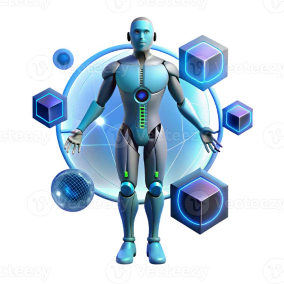 Futuristic 3D Robot Illustration, Advanced AI Technology, Digital Cubes, Neon Glow, Sci-Fi Concept Art png