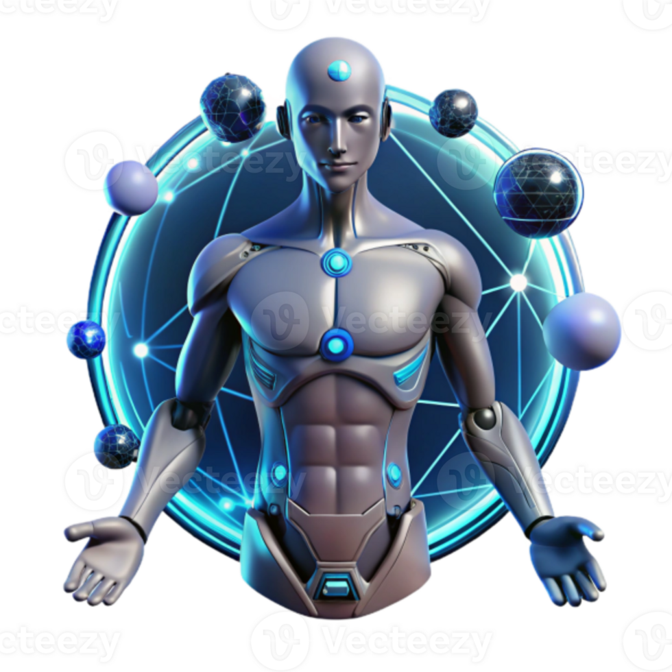 Futuristic 3D Render of a Robotic Figure with Glowing Orbs png