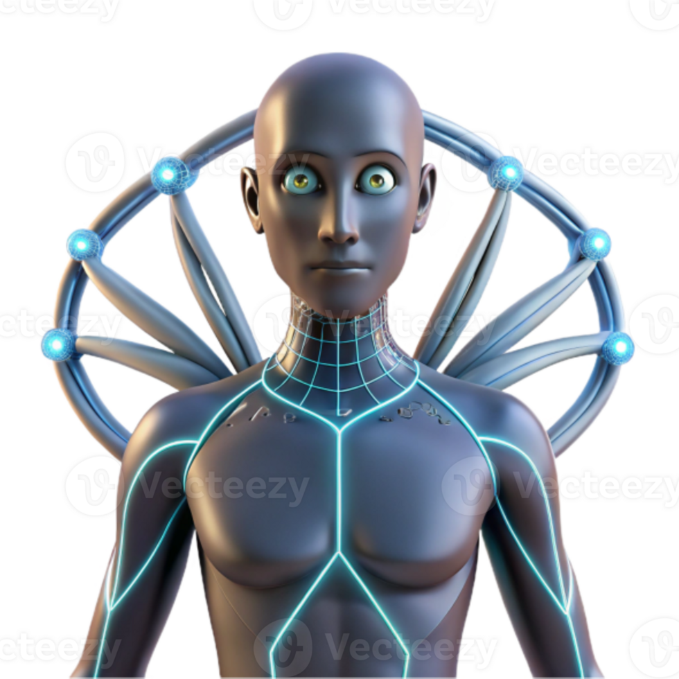 Futuristic 3D Render of a Cyborg Teen with Glowing Network Wings png