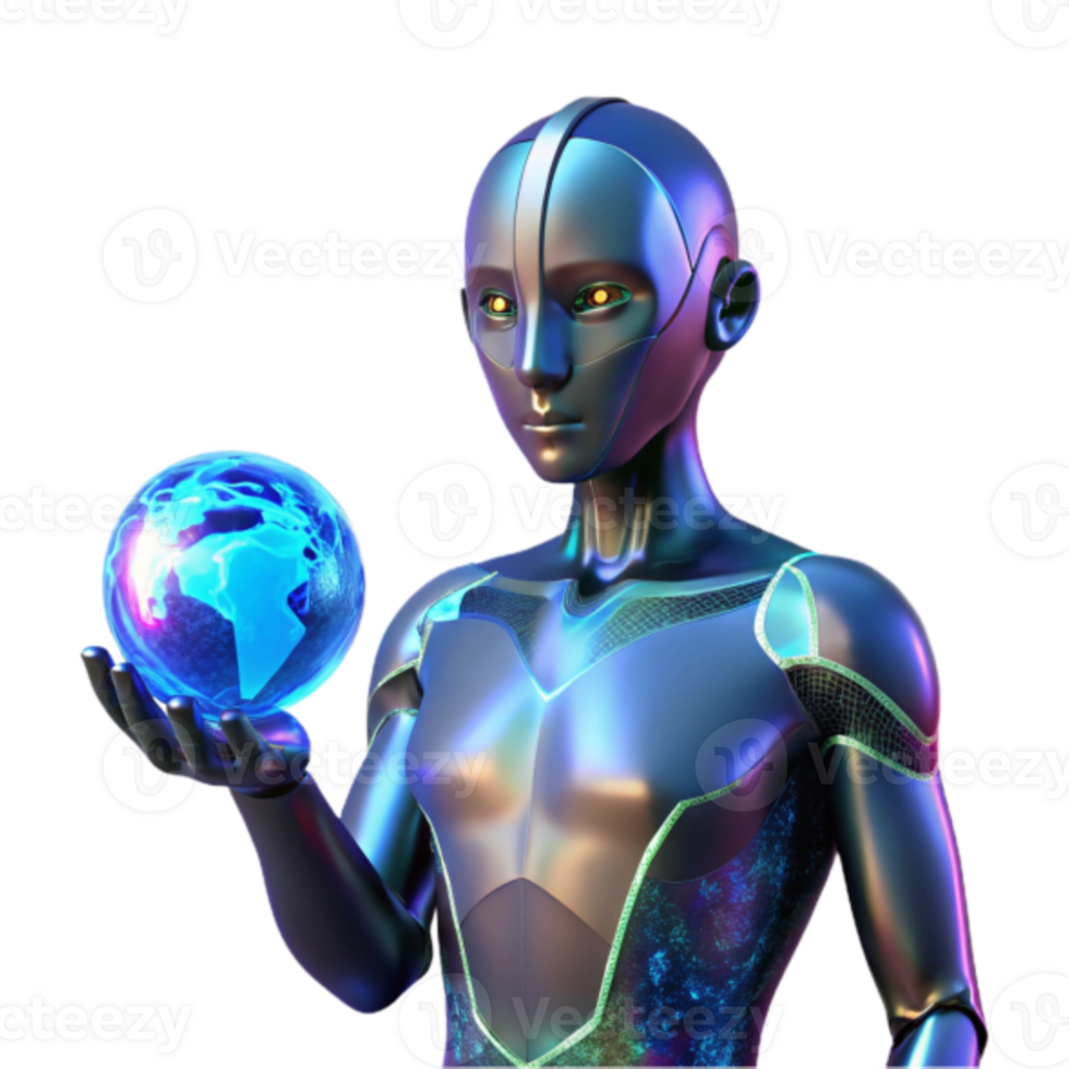 Futuristic Robot Holding a Glowing Earth 3D Illustration png