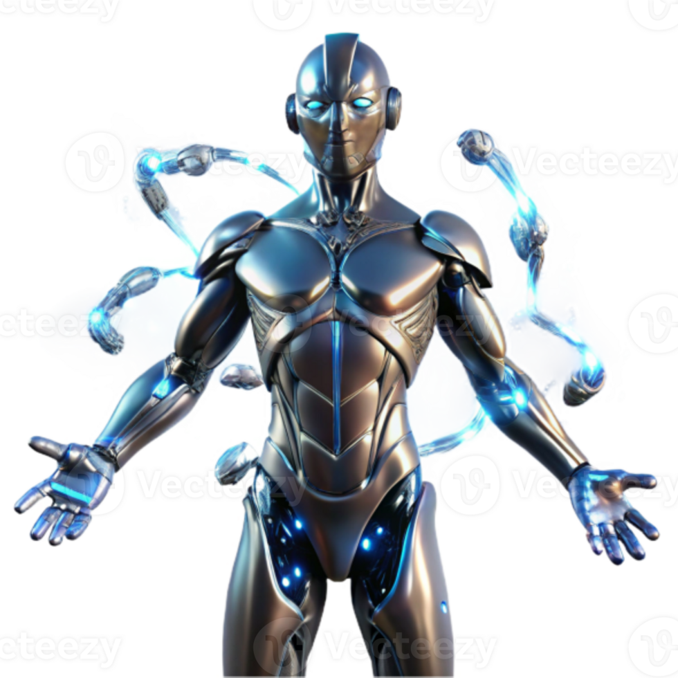 Advanced Robotic Figure 3D Render, Futuristic Metal Cyborg with Energy Effect Illustration png
