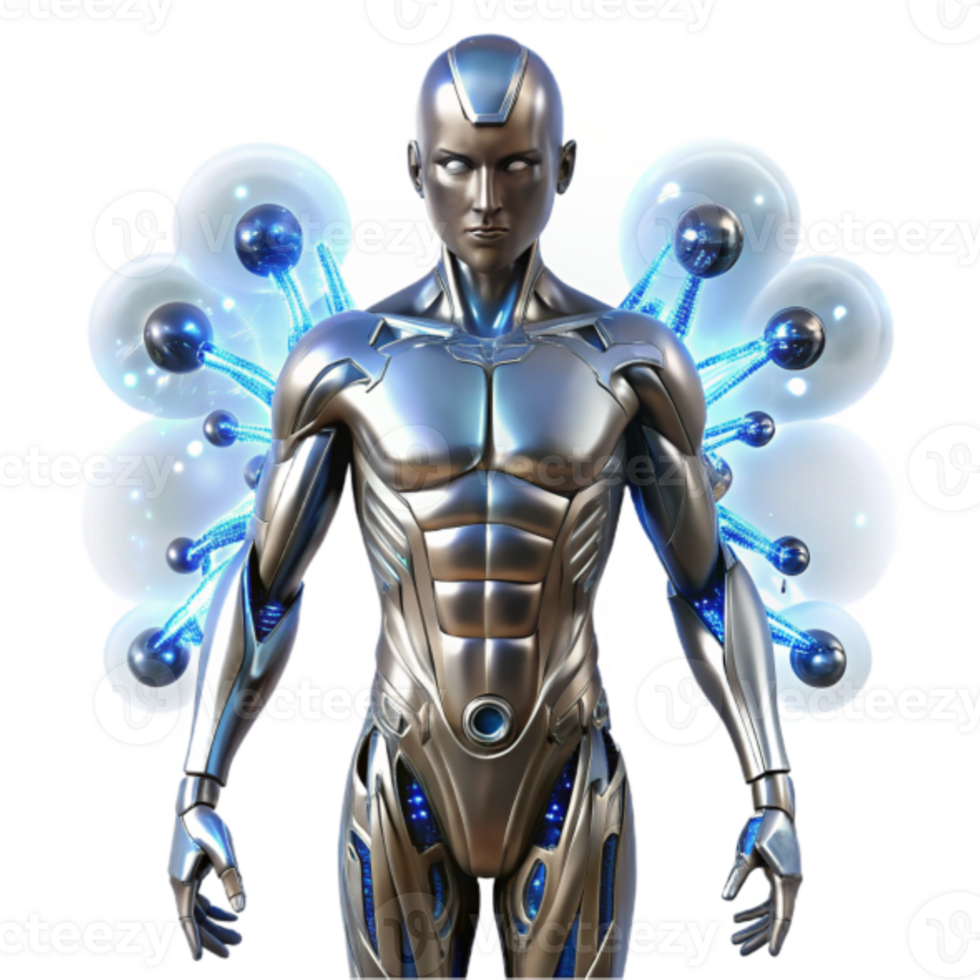 Futuristic 3D Robot Illustration Advanced Cyborg with Energy Orb Wings png
