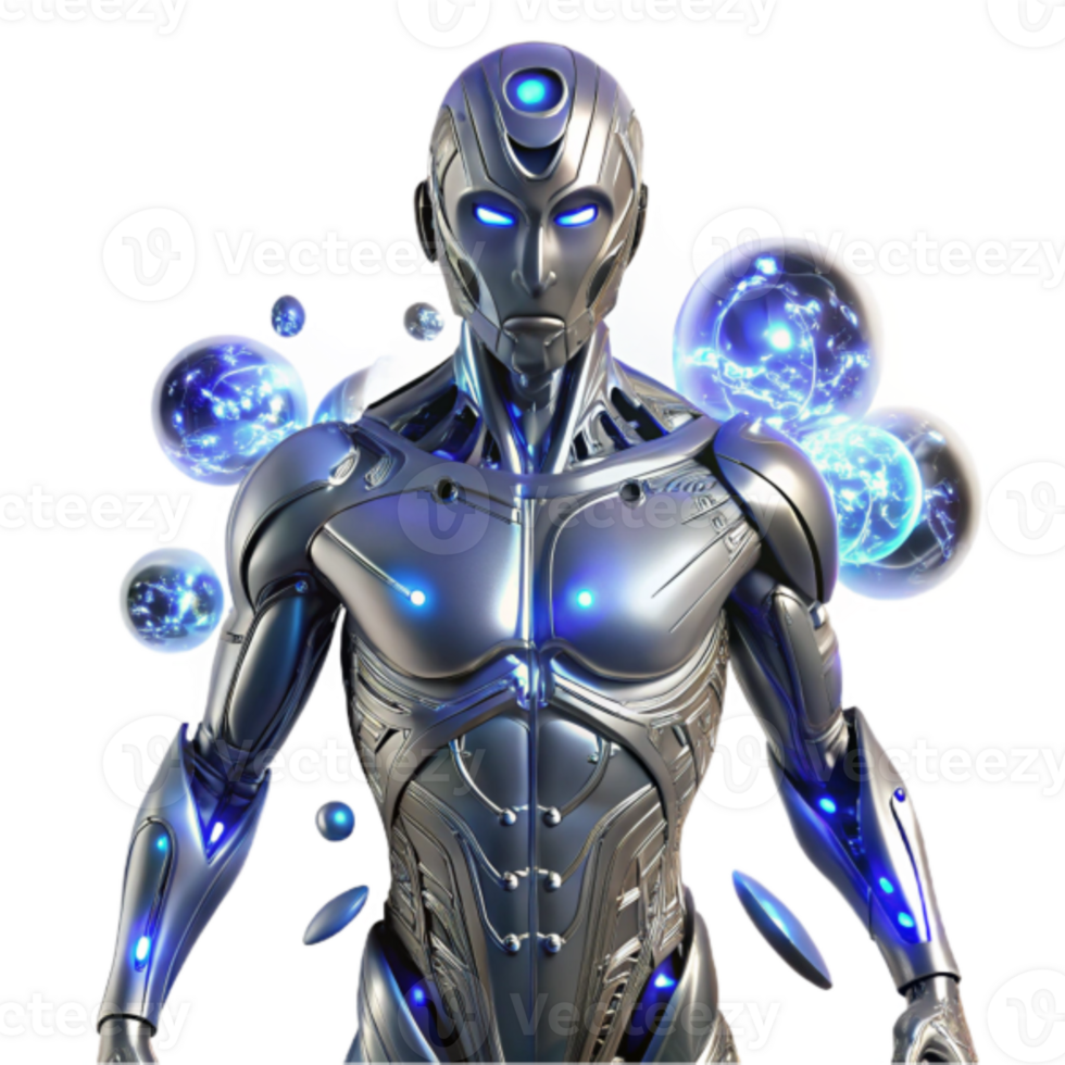 Futuristic 3D Render of a Metallic Robot with Energy Spheres png