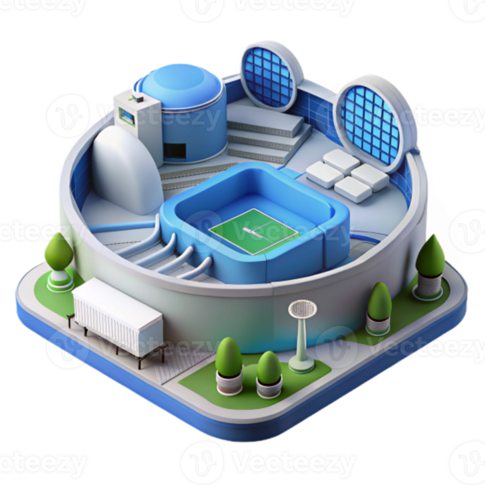 Isometric 3D Illustration Modern Stadium Design with Green Field and Surrounding Landscape png