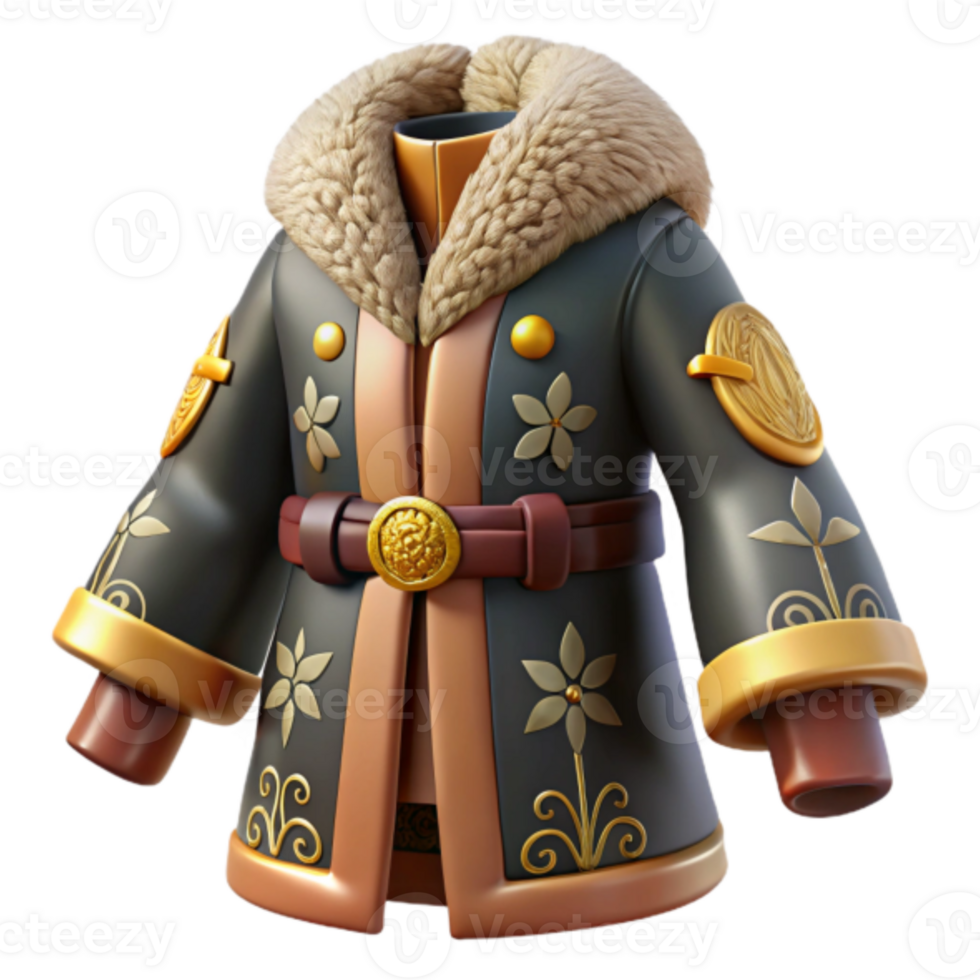 3D Render of Elegant Fantasy Coat with Fur Collar, Gold Accents, and Floral Design png