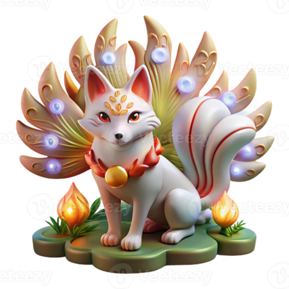 3D Render of a Nine-Tailed Fox Kitsune Fantasy Creature with Glowing Wings png
