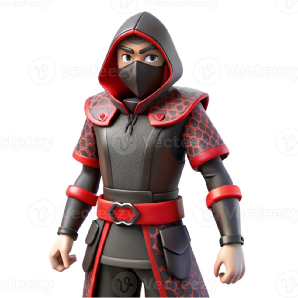3D Render Red and Black Hooded Ninja Character Illustration png