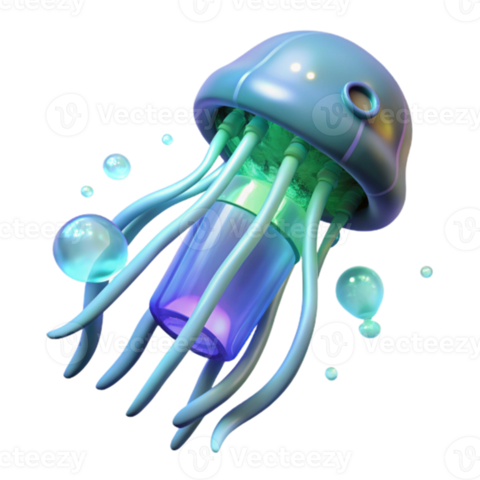 3D Render of a Bio Luminescent Jellyfish with Glowing Tentacles and Bubbles png