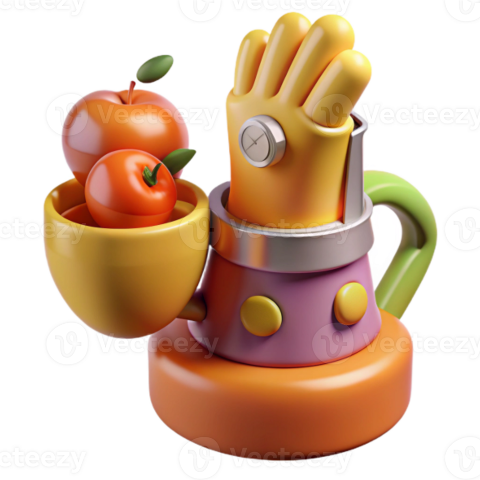Vibrant 3D Render of Fruit and a Robotic Arm in a Playful Style png