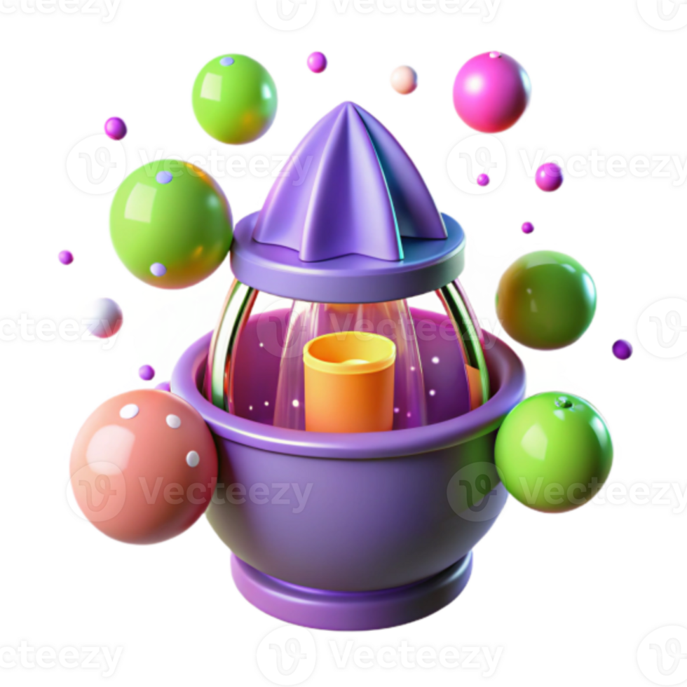 Vibrant 3D Render of a Citrus Juicer with Floating Spheres png