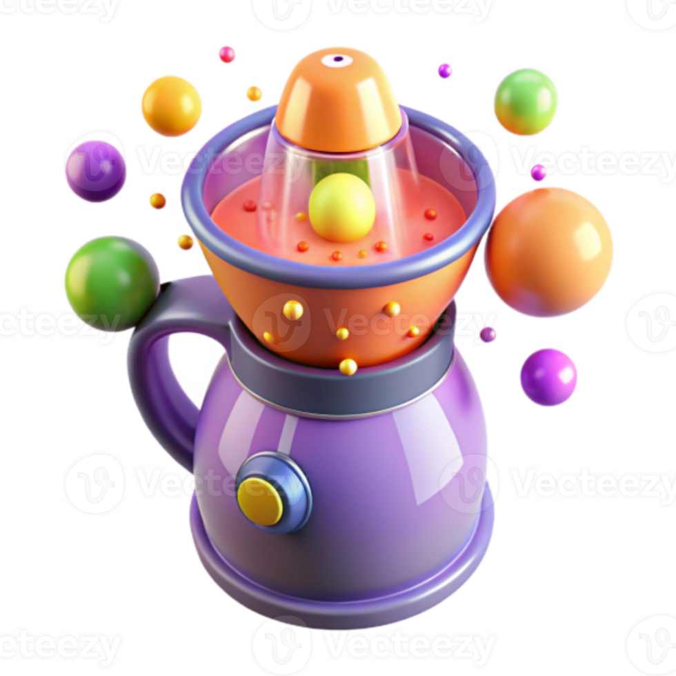 Whimsical 3D Render of a Colorful Juicer with Floating Spheres png