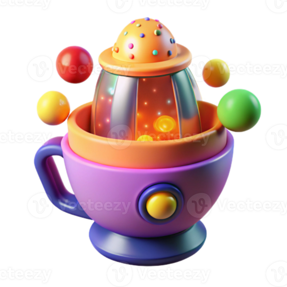Whimsical 3D Render of a Colorful Teacup with a Spaceship Inside png