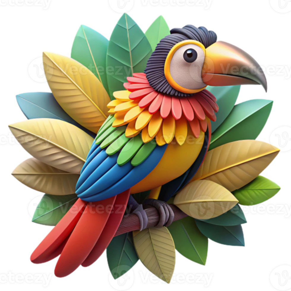Vibrant 3D Illustration of a Tropical Parrot Perched on a Branch Amidst Lush Leaves png