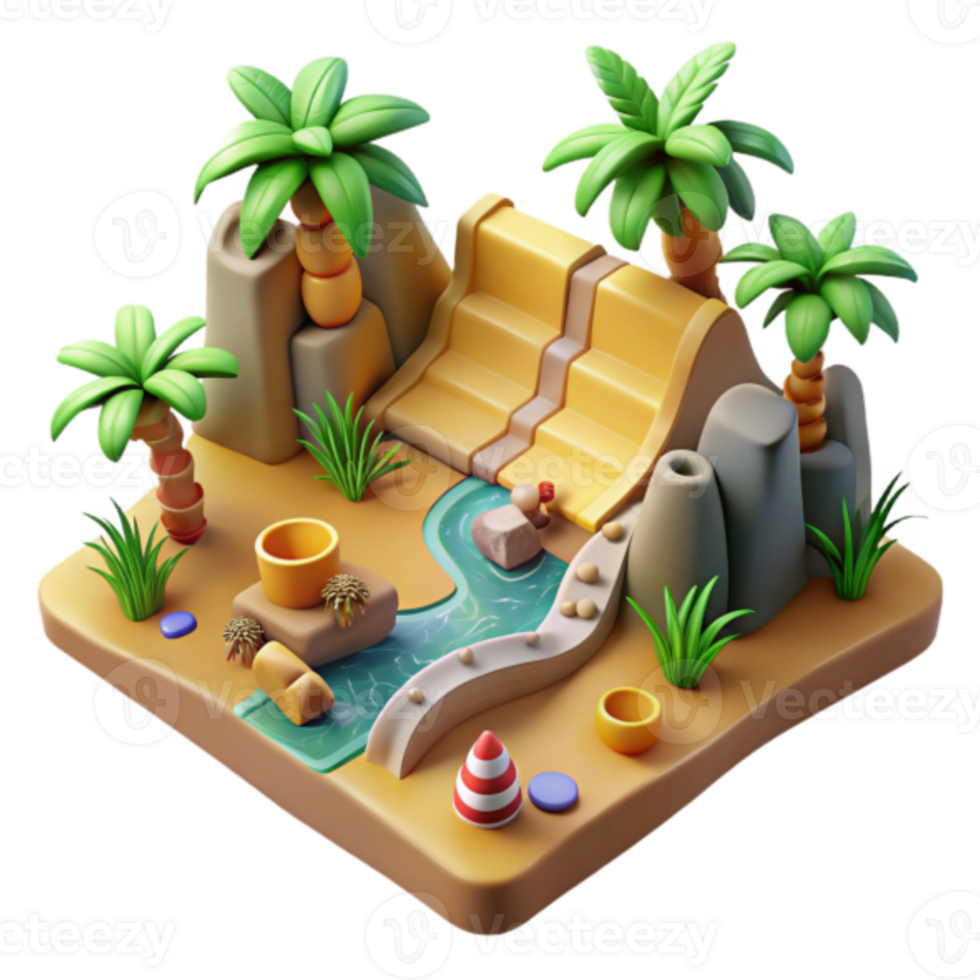 3D Cartoon Oasis Illustration Palm Trees, Water Feature, and Desert Landscape png