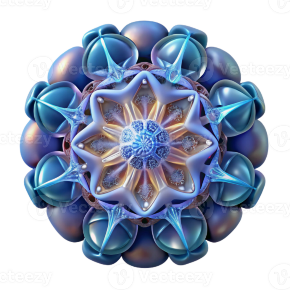 Intricate 3D Fractal Art Blue and Gold Geometric Mandala Design png