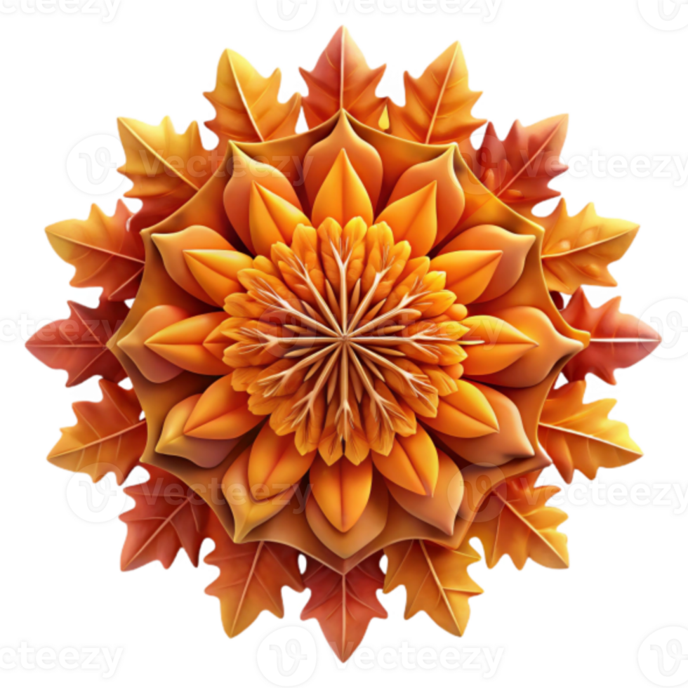 Autumnal Mandala 3D Illustration Intricate Fall Flower and Leaf Design png