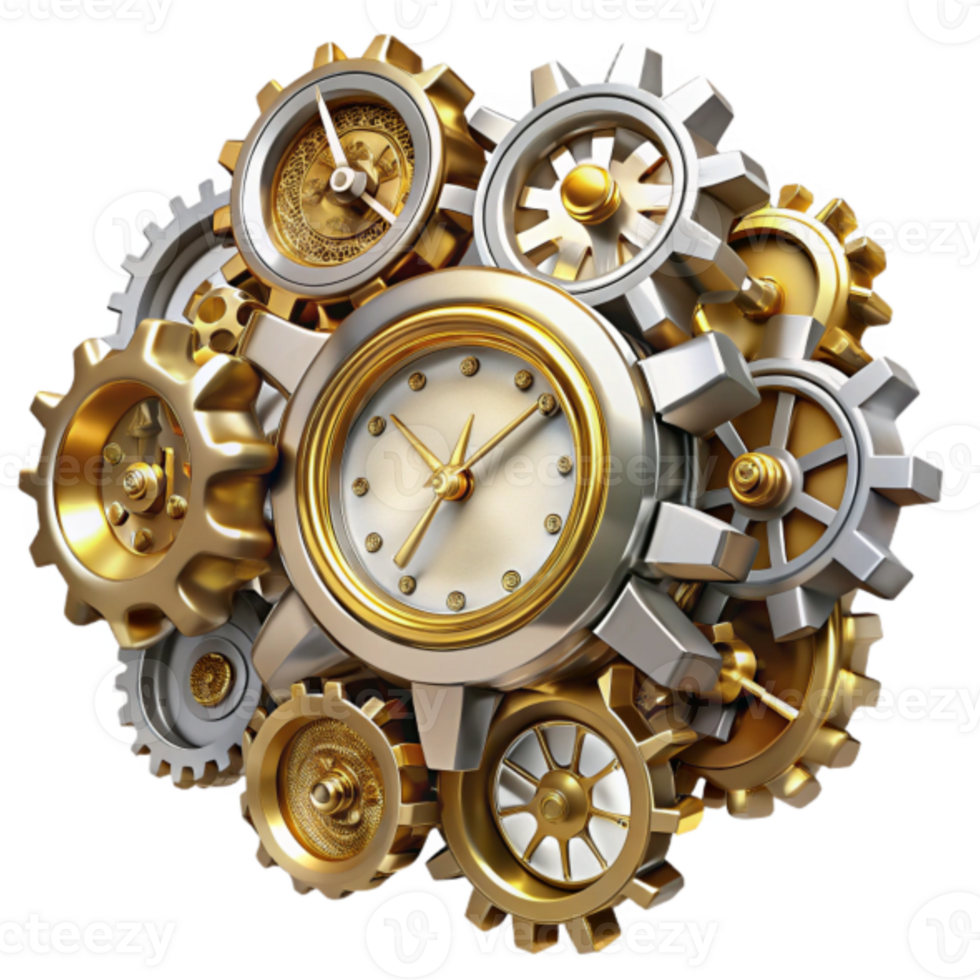 3D Golden Gears and Clock Mechanism Illustration png