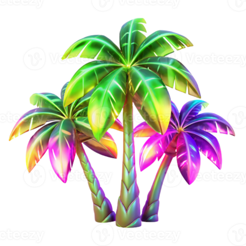Vibrant 3D Render of Tropical Palm Trees, Iridescent Foliage, Colorful Plants, Summer Vacation, Exotic Paradise, Digital Art, Shiny Leaves, Fantasy Flora, Tropical Island, Holiday Vibes png