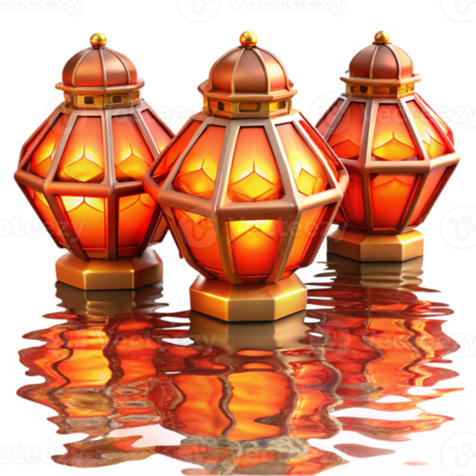 Illuminated 3D Render of Three Ornate Lanterns Reflecting on Water png