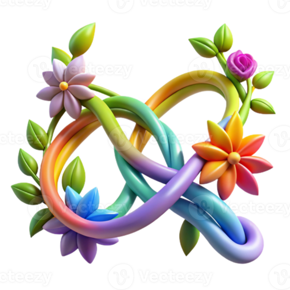 Rainbow Floral Vines 3D Illustration A Whimsical Intertwined Design of Colorful Flowers and Leaves png