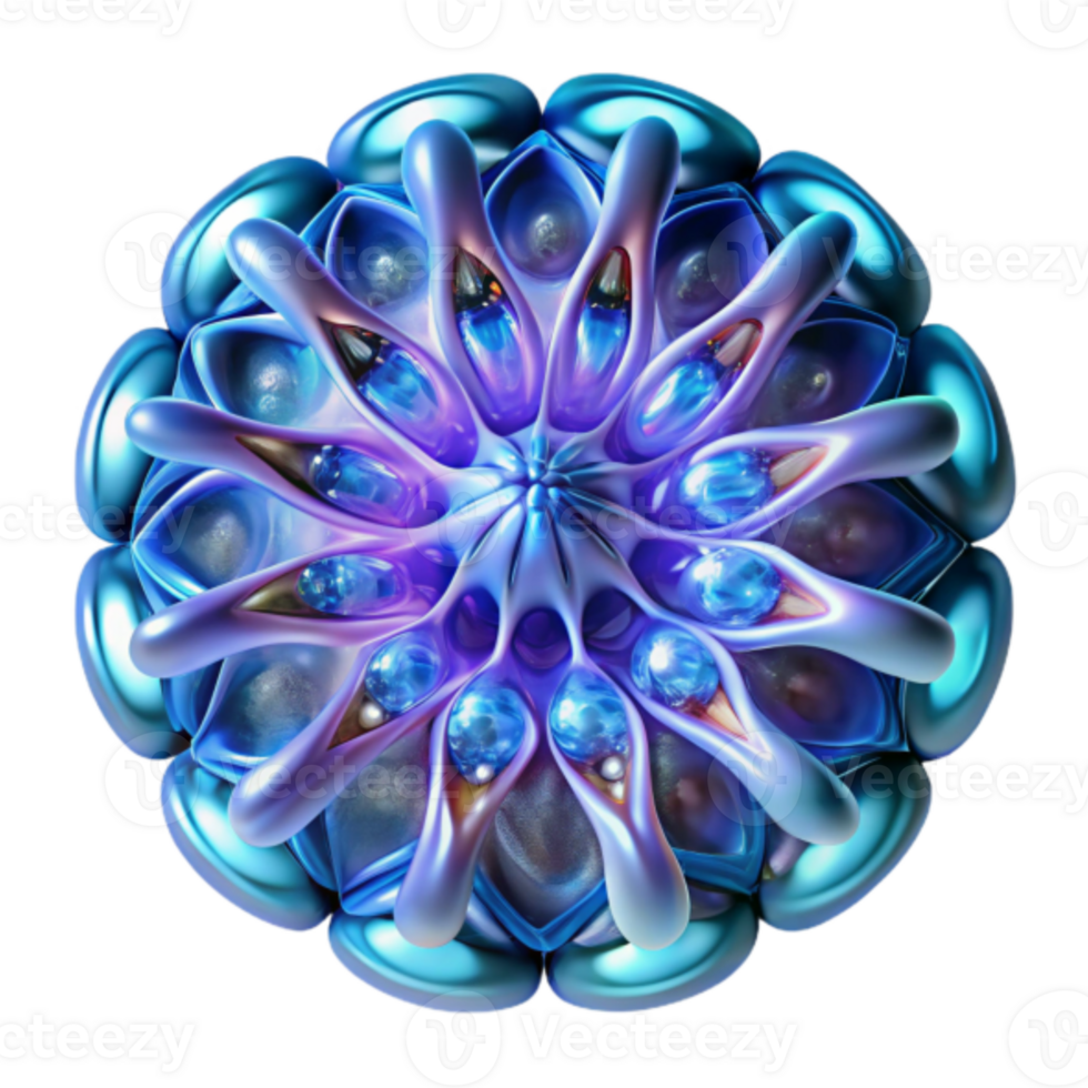 Abstract 3D Render of a Bioluminescent Organic Mandala, Intricate Colorful Design, Shiny Metallic Texture, Digital Art, Fantasy Floral, Vibrant Hues, Circular Symmetry, Gradient Effects, Blue Purple png