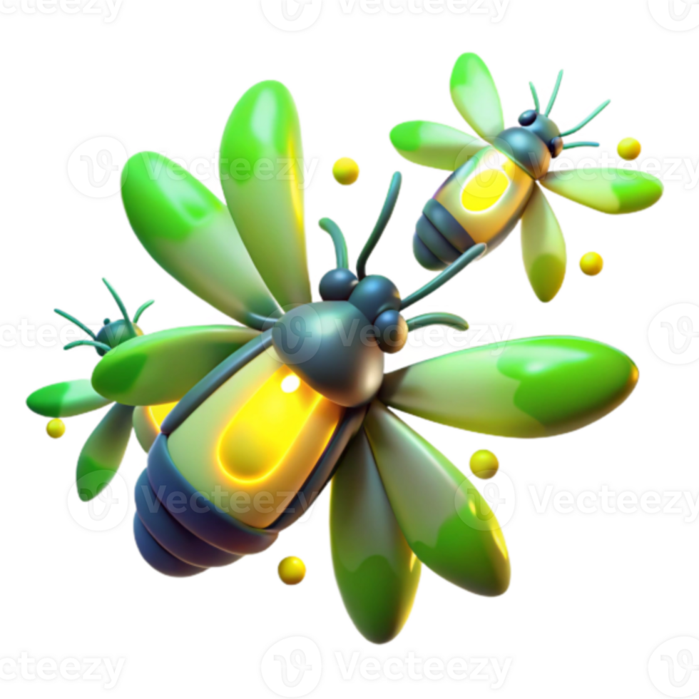 Glowing 3D Firefly Illustration Three Cute Cartoon Fireflies with Bright Lights png