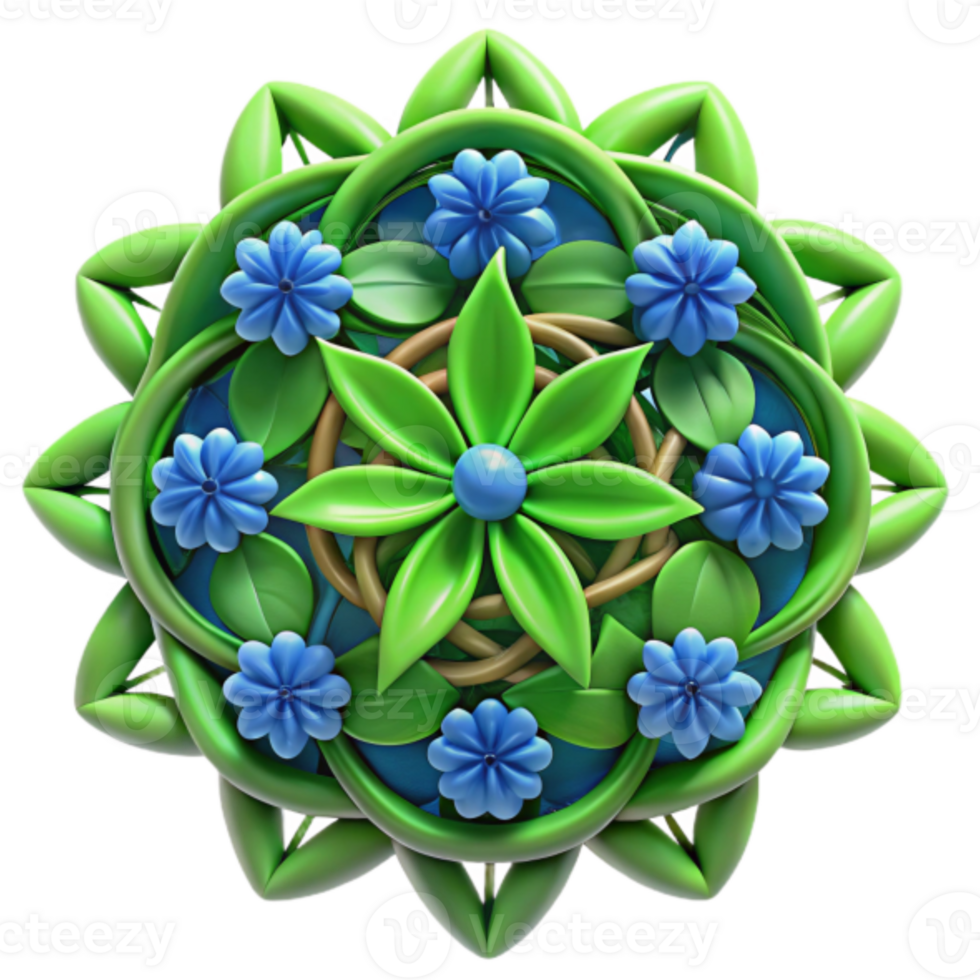 Vibrant 3D Floral Mandala Illustration Green Blue Flowers Leaves Intricate Design png