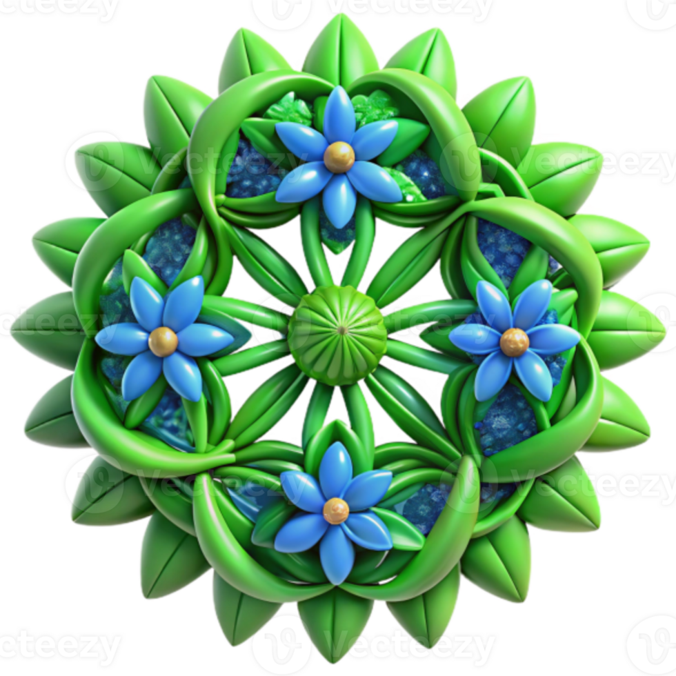 3D Floral Mandala Illustration Green Leaves Blue Flowers Intricate Design png