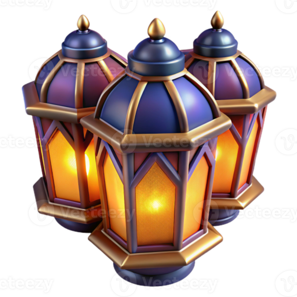 Luminous 3D Render of Three Ornate Lanterns png