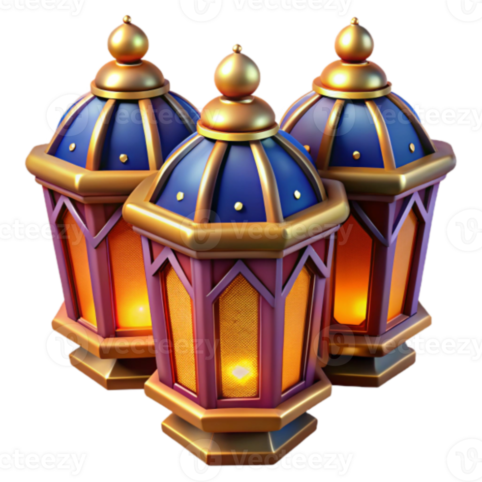 Three Ornate 3D Rendered Lanterns, Festive Golden and Blue Islamic Design, Illuminated, Cultural Symbol png