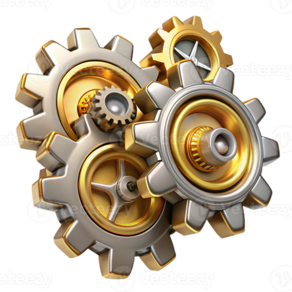 Interlocking Metallic Gears 3D Illustration Precision Engineering, Mechanical Design, Industrial Technology png