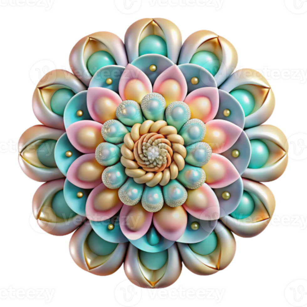 3D Pastel Mandala Intricate Floral Design, Circular Symmetry, Abstract 3D Artwork, Multicolored Petals, Ornate Jewel-Tone Ornament, Digital Rendering, High-Resolution Image png
