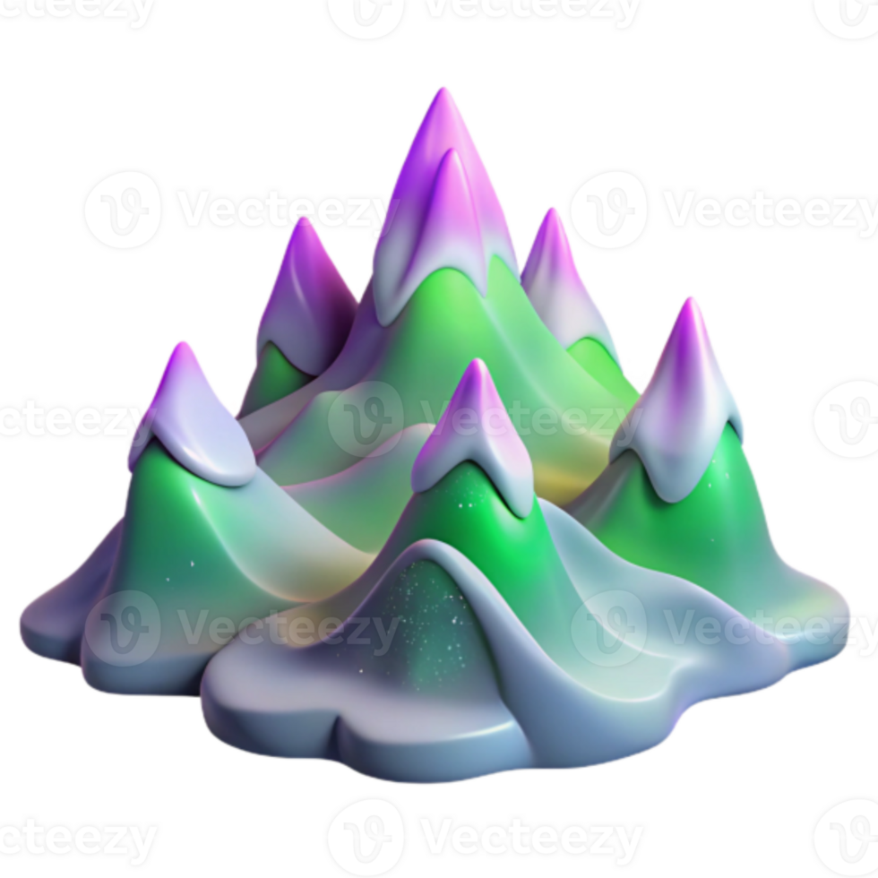 Whimsical 3D Mountain Range Illustration Green Peaks and Purple Snow Caps png